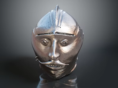 Ancient Metal Weapon Helmet with Shiny Silver Surface and Detailed Facial Features 3d model