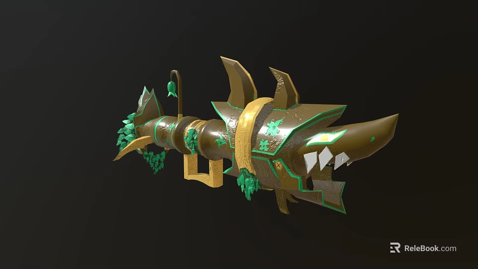 Game Movie Character Shark Themed Weapon With Gold And Green Spiked Teeth And Ornate Vines 3d model 
