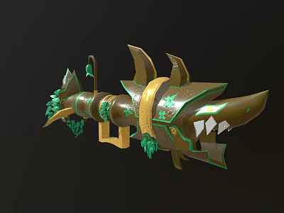 Game Movie Character Shark Themed Weapon With Gold And Green Spiked Teeth And Ornate Vines 3d model