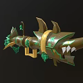 Game Movie Character Shark Themed Weapon With Gold And Green Spiked Teeth And Ornate Vines