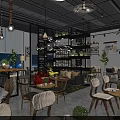 Modern Stylish Restaurant Interior With Wooden Dining Chairs Tables Hanging Lights And Wall Posters