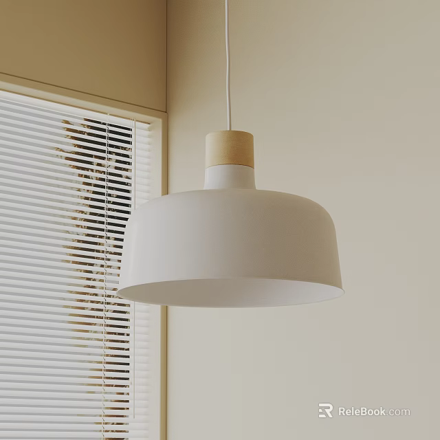 Modern Pendant Light With White Shade And Wooden Top Near Window Blinds 3d model 