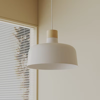 Modern Pendant Light With White Shade And Wooden Top Near Window Blinds 3d model