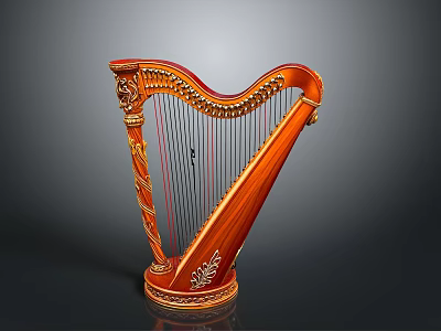 Classical Wooden Harp as Decorative Household Item with Carved Details and Red Strings 3d model