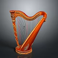 Classical Wooden Harp as Decorative Household Item with Carved Details and Red Strings