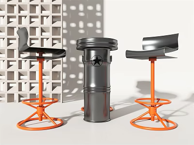 Modern Bar Counter Design With Orange Bar Stools And Silver Metal Base 3d model
