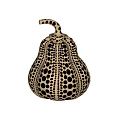 Modern Art Pumpkin Shaped Sculpture Carving With Black Dot Pattern On White Pedestal