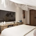 Hotel Guest Room Featuring Wooden Structure White Canopy Bed Window Curtains And Wooden Floor Rug