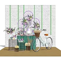 Decorative Scene Featuring Light Blue Bicycle Wicker Basket Purple Wheel Flowers And Green Cabinet