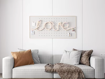Living Room Wall Art Love Sign With Photos Gray Sofa Pillows And Throw Blanket 3d model