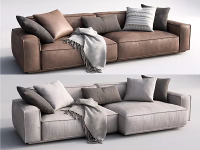 Brown And Gray Modern Two Seater Sofa With Mixed Pillows And Cozy Throw Blanket 3d model