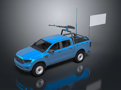 Blue Double Cab Pickup Truck Featuring Roof Rack Antenna And White Display Board 3d model