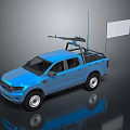 Blue Double Cab Pickup Truck Featuring Roof Rack Antenna And White Display Board