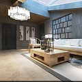 Clubhouse Mahjong Room With Turquoise Walls Wooden Ceiling Framed Paintings And Geometric Chandeliers