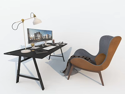 Modern Office Desk With Desk Lamp Computer Monitor And Cozy Accent Chair 3d model