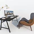 Modern Office Desk With Desk Lamp Computer Monitor And Cozy Accent Chair