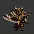 Man Wearing Horned Helmet In Ornate Armor Holding Large Decorative Battle Axe