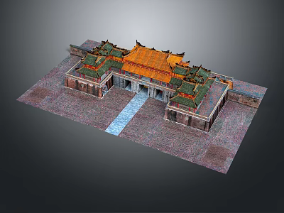 Traditional Ancient Chinese Architecture With Orange Glazed Roof Green Eaves And Stone Paved Courtyard 3d model
