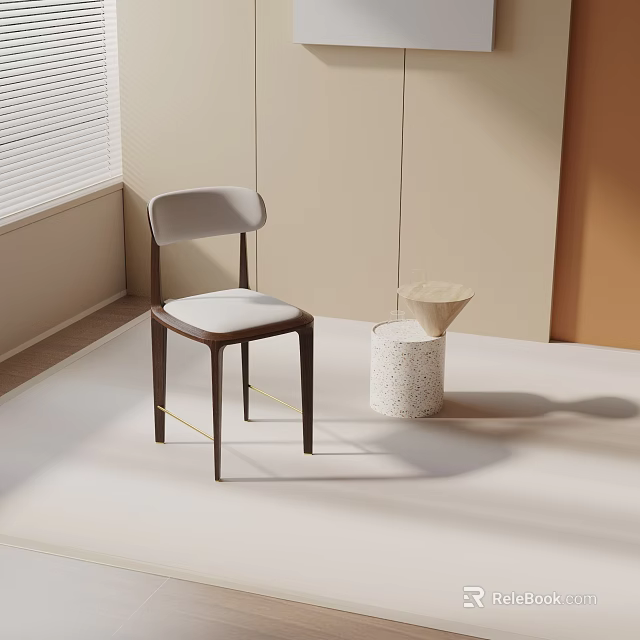 Modern Leisure Chair With Wooden Legs Light Upholstered Seat And Decorative Side Table In Sunlit Room 3d model 