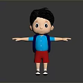 Cartoon Boy with Black Short Hair Blue Shirt Red Shorts Blue Backpack and Arms Outstretched