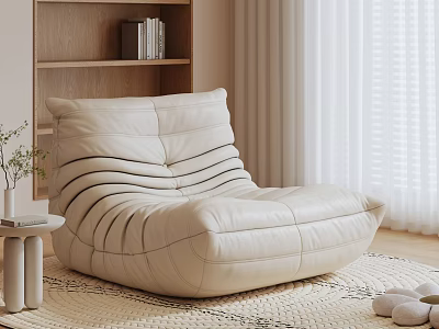 Beige Leather Lazy Sofa With Striped Design In Cozy Living Room And Wooden Bookshelf 3d model