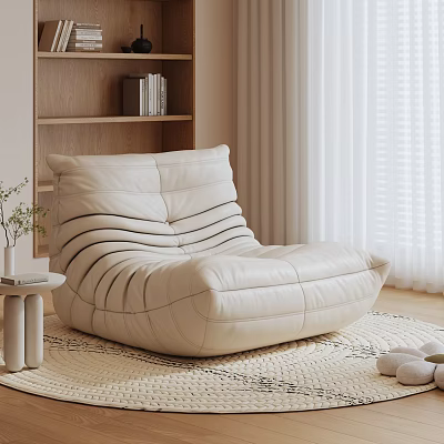 Beige Leather Lazy Sofa With Striped Design In Cozy Living Room And Wooden Bookshelf 3d model