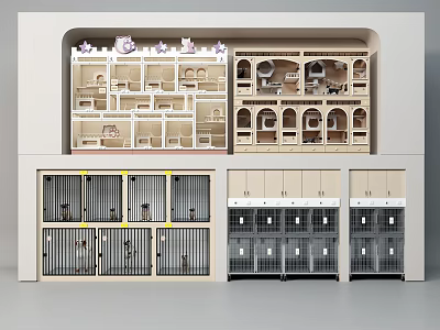 Multi Tier Pet Cages With Compartments In Wooden And White Design Structure 3d model