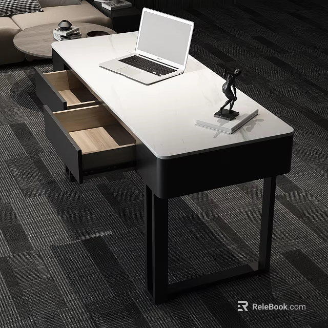 Modern Office Desk With Open Laptop Wooden Drawers And Black Metal Legs 3d model 