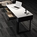 Modern Office Desk With Open Laptop Wooden Drawers And Black Metal Legs
