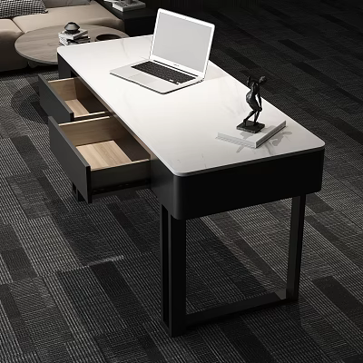 Modern Office Desk With Open Laptop Wooden Drawers And Black Metal Legs 3d model