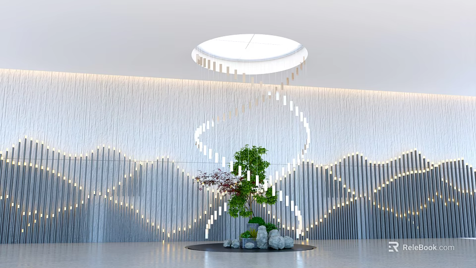 Modern Interior With Circular Light Fixture Wavy Textured Wall Spiral Light Details And Green Plant 3d model 