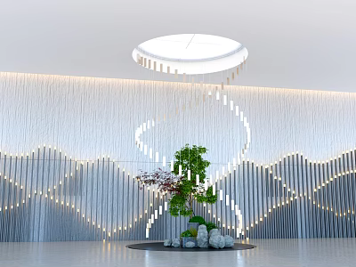 Modern Interior With Circular Light Fixture Wavy Textured Wall Spiral Light Details And Green Plant 3d model
