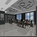 Modern Public Office Space Interior With Large Windows Work Desks And Modern Pendant Lights