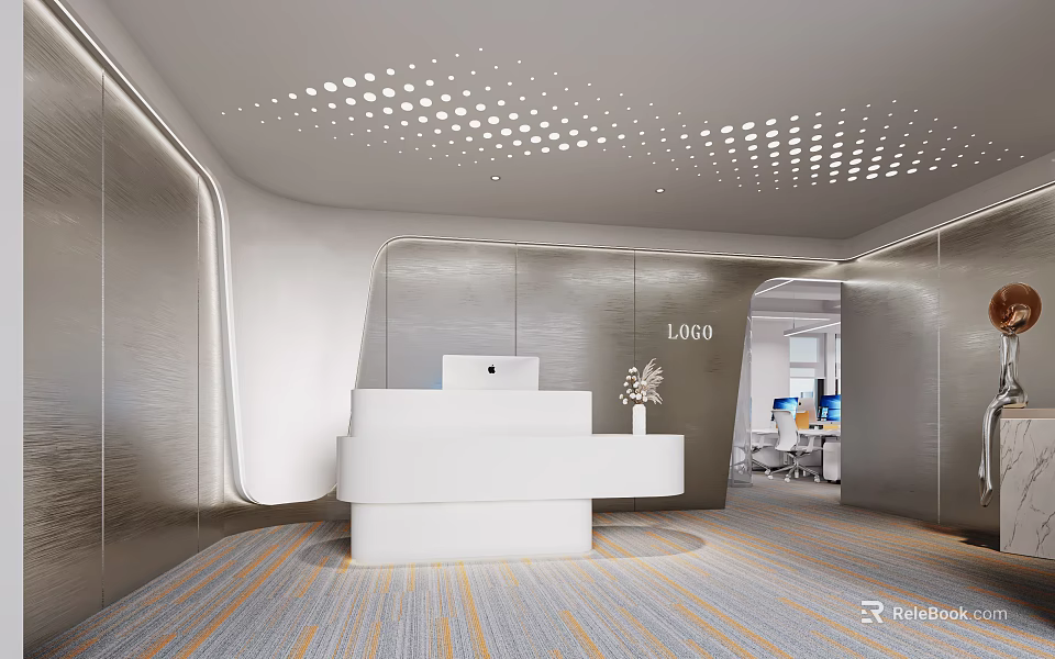Elegant Modern Reception Desk Interior With White Counter Metal Walls And Perforated Ceiling 3d model 