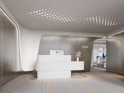Elegant Modern Reception Desk Interior With White Counter Metal Walls And Perforated Ceiling 3d model