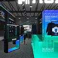 Modern Exhibition Booth Design With Blue Green Lighting Clothing Display And WHSB 2023 Concept