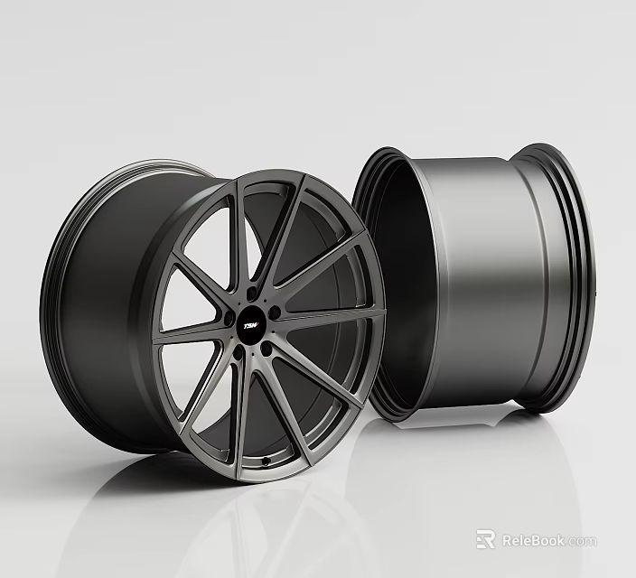 Two Modern Black Wheel Rims with Sleek Design Displayed on White Glossy Background 3d model 