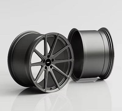 Two Modern Black Wheel Rims with Sleek Design Displayed on White Glossy Background 3d model