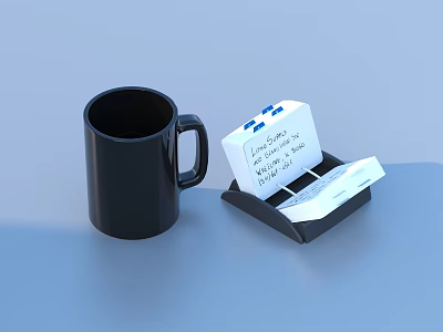 Black Ceramic Mug With Note Pad Holder On Blue Table Surface 3d model