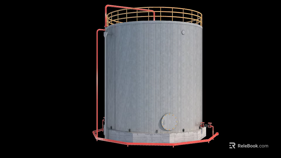 Industrial Equipment Storage Tank Featuring Gray Body Red Pipes Yellow Railings And Base Foundation 3d model 