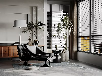 Modern Interior Decorative Ornament Combination With Black Armchair Floor Lamp Plants And Wooden Cabinet 3d model