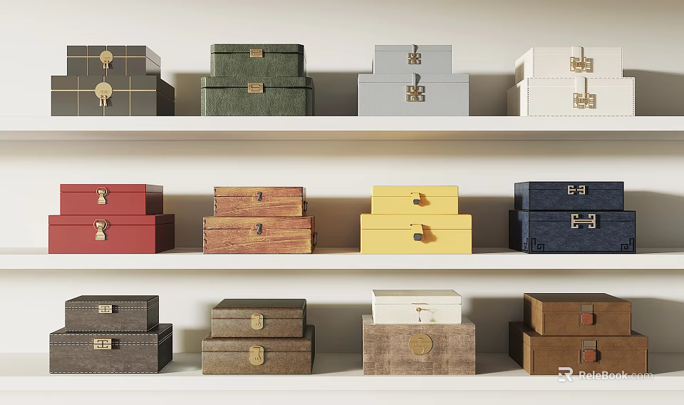 Colorful Decorative Storage Box Set with Metal Clasps on White Shelves for Home Decoration 3d model 