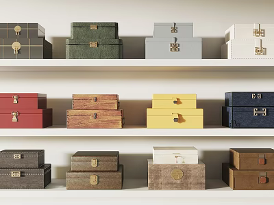 Colorful Decorative Storage Box Set with Metal Clasps on White Shelves for Home Decoration 3d model