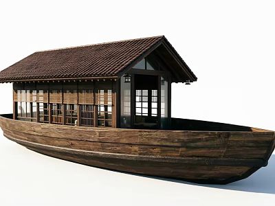 Traditional Wooden Boat With Tile Roof Wooden Structure And Lattice Windows 3d model