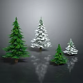 Various Sizes Green and Snow Covered Pine Trees on Dark Background with Reflections