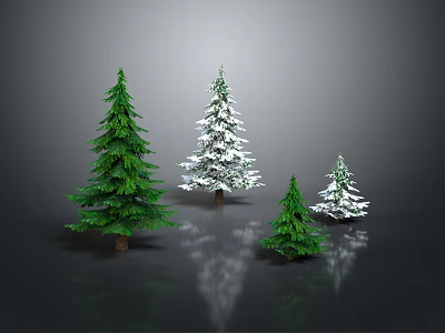 Various Sizes Green and Snow Covered Pine Trees on Dark Background with Reflections 3d model