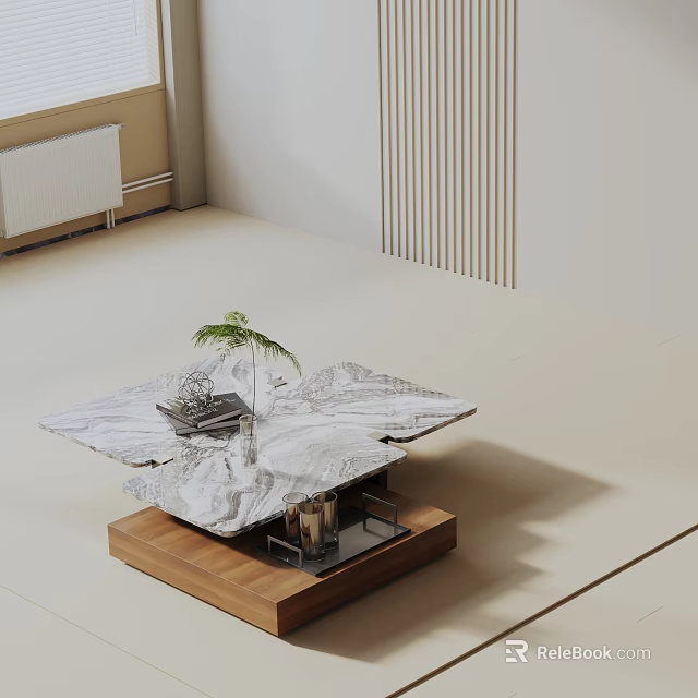 Minimalist Modern Sofa Coffee Table Set With Marble Top Wooden Base And Decorative Plant 3d model 