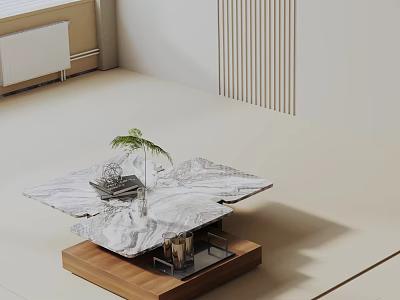Minimalist Modern Sofa Coffee Table Set With Marble Top Wooden Base And Decorative Plant 3d model