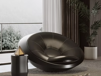 Modern Black Leather Round Single Sofa by Window with Indoor Plants and Side Table 3d model