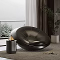 Modern Black Leather Round Single Sofa by Window with Indoor Plants and Side Table 3d model